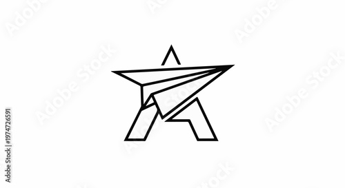Black abstract star with paper airplane design and angular base
