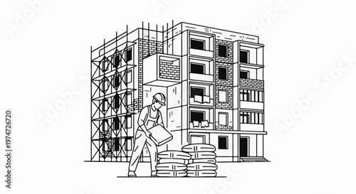 Black and white drawing of a construction worker carrying a cement bag