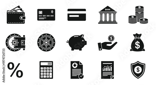 Black and white icons of finance and banking concepts including credit cards currency piggy bank coins and financial documents