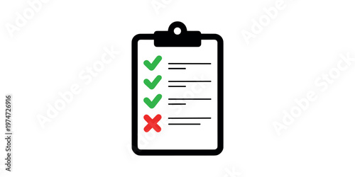 Black clipboard with checklist three green checkmarks and one red cross mark in white background