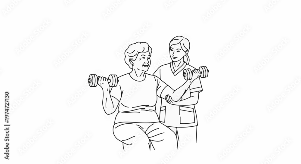 Fototapeta premium An elderly woman exercises with dumbbells under a caregiver's guidance