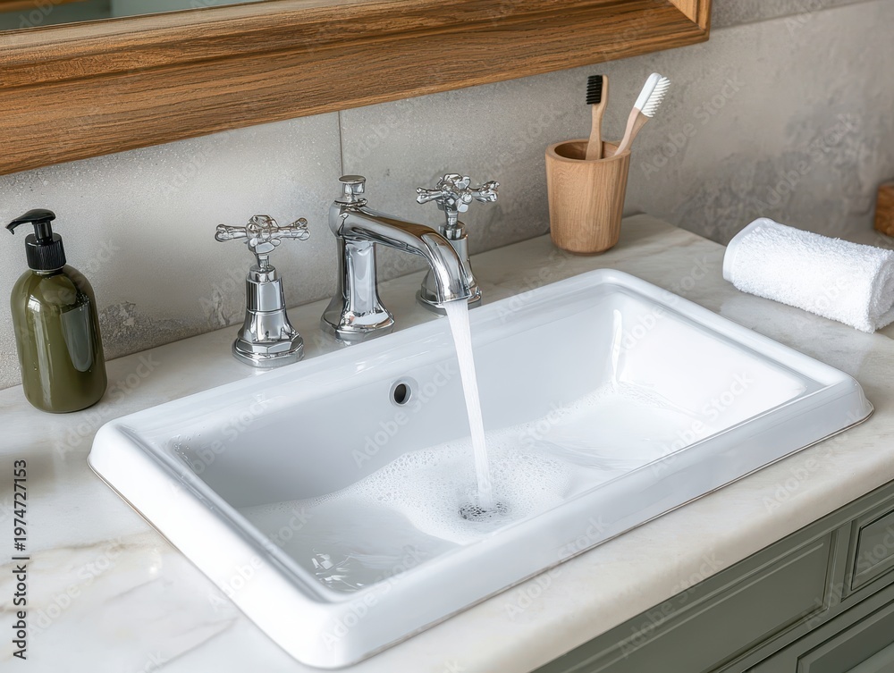 Fototapeta premium Running water in clean bathroom sink with soap dispenser