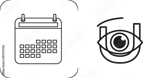 Minimalist black and white line-art vector featuring a calendar icon inside a rounded frame next to a stylized eye and U-shaped graphical element. Ideal for scheduling and visibility concepts.