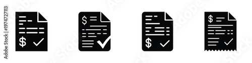 Paid Invoice and Receipt Document Icon Set with Dollar Sign and Check Mark – Billing Confirmation, Payment Proof, Accounting Paperwork and Financial Transaction Black Vector