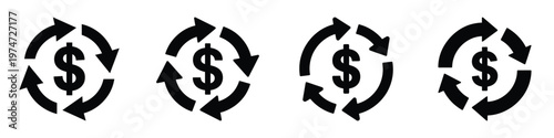 Money Cycle Icon Set with Dollar Sign and Circular Arrows – Cash Flow, Payment Rotation, Financial Exchange, Refund and Recycling Finance Concept Black Vector Illustration