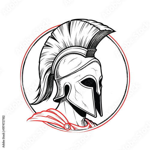 Spartan Warrior Helmet Logo Illustration - Greek Gladiator Head with Crest and Red Accents in Circular Frame