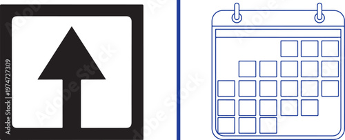 A black upward arrow inside a square frame next to a blue line-art calendar icon, separated by a vertical blue line. Minimalist vector symbols for scheduling and uploading on a white background.