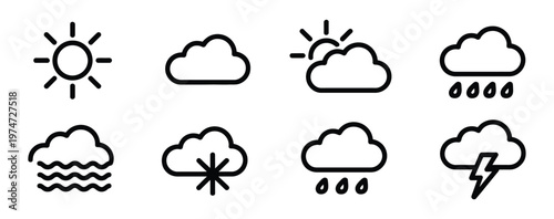 Outline Weather Icons Collection Sun Cloud Snow Wind Forecast Symbols Vector Illustration on White