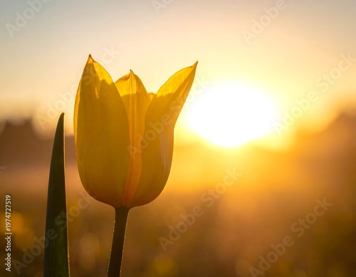 A single yellow tulip blooms against a bright, golden sunrise. Soft light filters through the petals, creating a warm, tranquil ambiance