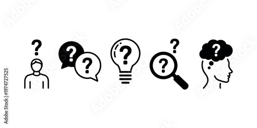 Collection of black question mark and symbols representing thought and inquiry thinking idea lightbulb