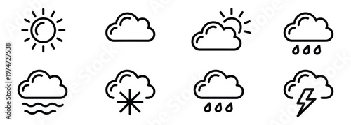 Weather Icons Outline Sun Cloud Snow Wind Forecast Signs Isolated Vector Illustration White Background