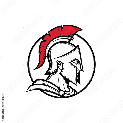Powerful Spartan Warrior Mascot Logo - Ancient Greek Soldier Head Profile with Red Plume Helmet