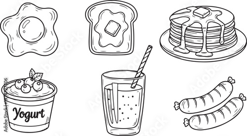 Hand drawn black and white doodle set of coffee, tea, and bakery items including a croissant, donut, cake, and cupcake in a charming sketchy illustration