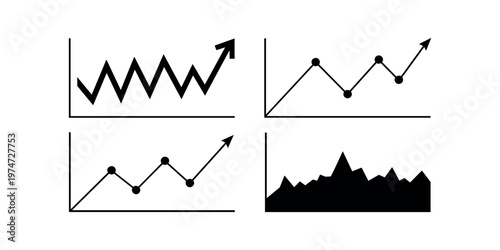 Four black and white financial graphs showing upward trends and data fluctuations chart finance business