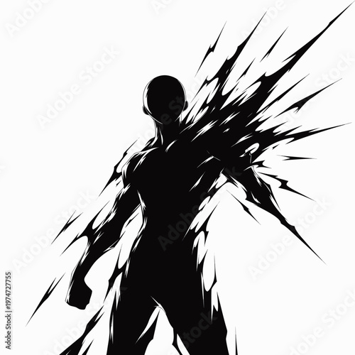 Dynamic superhero silhouette, abstract explosion effect, black vector illustration, energetic motion graphics