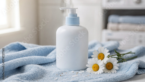 White Pump Bottle with Chamomile Flowers on Blue Towel in Laundry Room