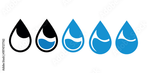 Five water drop in black and blue shades on white background liquid fluid symbol in white background