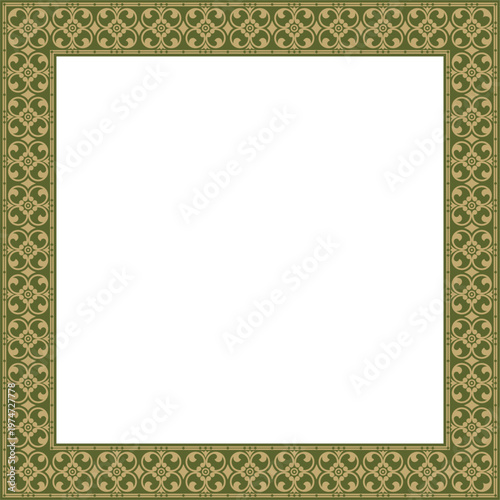 Vector square gold with green ancient Russian ornament. Slavic rectangle, border, frame. Painting of the royal chambers.
