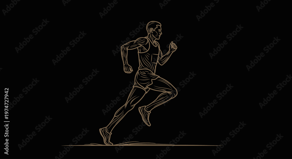 Fototapeta premium Elegant running athlete drawn in gold line style on dark background. Premium and minimal sports concept