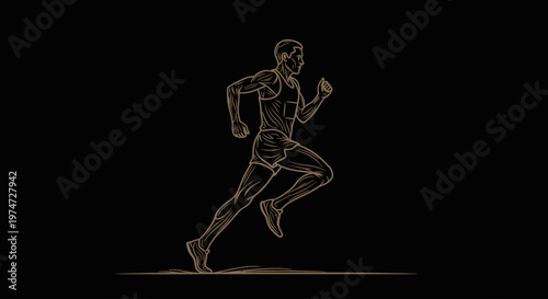 Elegant running athlete drawn in gold line style on dark background. Premium and minimal sports concept
