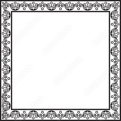 Vector square european black monochrome ornament. Rectangular pattern, circle, ring of the Middle Ages. Revival border. Decorations of palaces and churches.