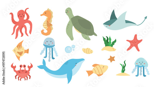 Sea animals collection, flat vector ocean characters set for kids. Ideal for children's educational materials, nursery decor, nautical patterns, and stickers.
