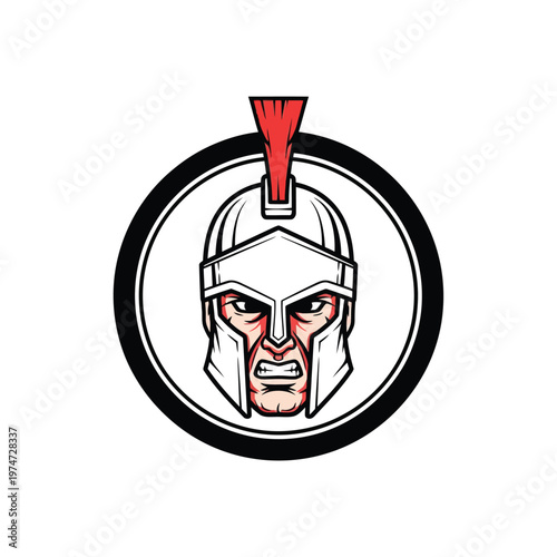 Spartan Warrior Logo Mascot Illustration - Fierce Gladiator Head with Red Plume Helmet in Circle Frame - Vector Icon for Sports, Gym, and Gaming Branding