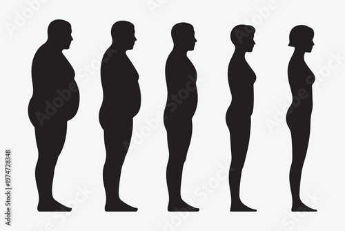 Sequence of five human silhouettes showing different body weight stages from obesity to slim profile view art.
