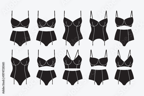 Set of lingerie icons featuring various styles of bras panties and shapewear for women fashion and apparel design.