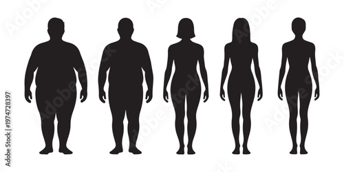 Row of five human silhouettes from front view showing weight loss progress and body shape transformation art.