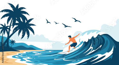 Skillful surfer riding a massive blue ocean wave near a tropical beach with palm trees and seagulls in the sky.