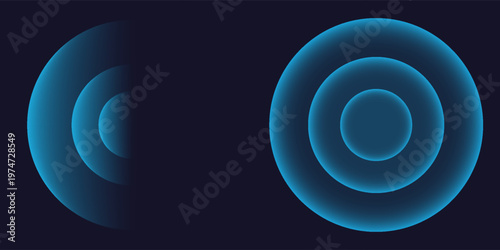 Sound wave. Signal concentric circle. Round light effect. Wifi range. Radio station signal. Water ripple with circle waves. A place or a painful point. Radar screen. Vector effect.