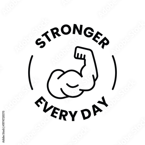 minimalist circular stronger every day logo featuring a strong bicep muscle icon for fitness motivation