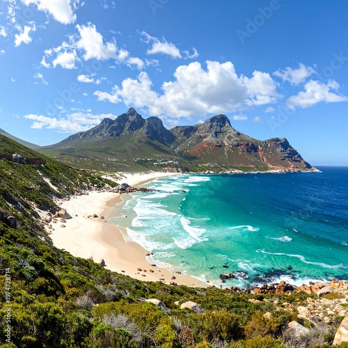A serene beach with turquoise waters and mountains