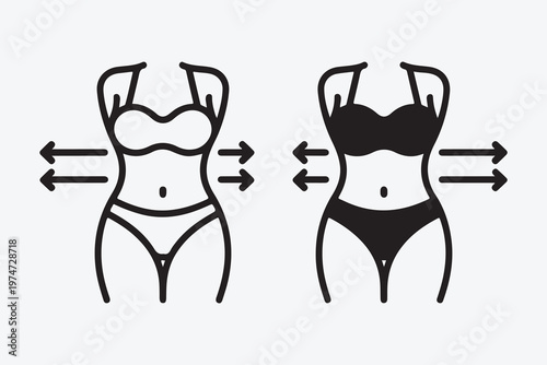 Illustration showing slimming effect on female body with arrows representing waist compression and shapewear goal.