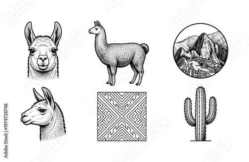A collection of Peruvian travel icons in a vintage engraving style. Featuring llama, Machu Picchu, cactus, and an ethnic pattern. Perfect for travel branding or tourism design.