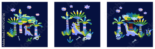 Night Jungle Mystery with Little Blue Dinosaur and Magic Trees for Kids Bedtime Story Illustration or Sleepover Party Invitation Hand Drawn Style