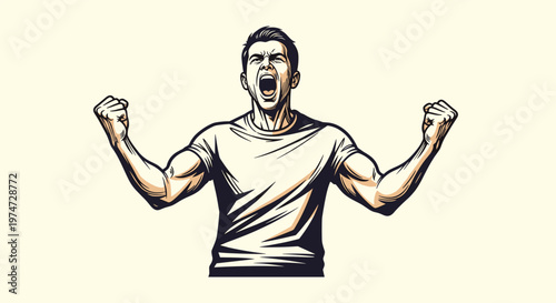 Powerful black and white sketch of a muscular man shouting with clenched fists expressing victory strength or anger.
