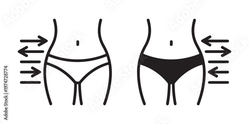 weight loss icon set with waistline reduction concept and different body shapes for health and fitness.