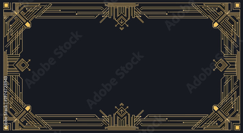 Elegant art deco border design featuring intricate gold geometric lines on a dark blue vintage style background.