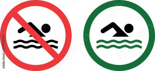 Swimming sign icons set vector illustration including swimming allowed and no swimming symbols for safety, warning, and recreational design projects