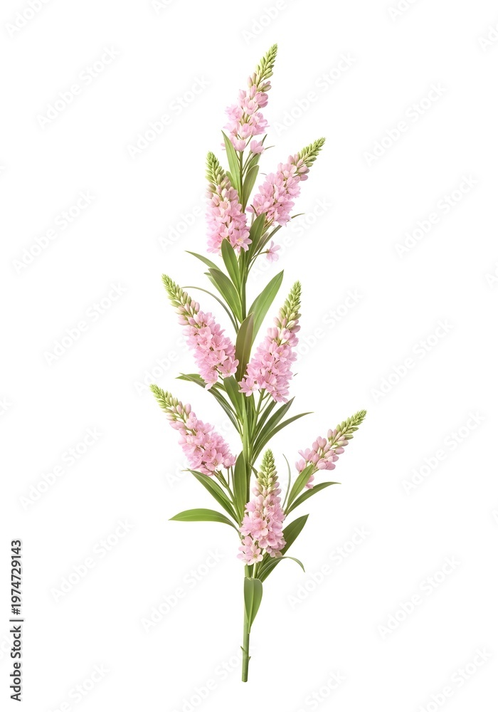 Fototapeta premium A delicate pink spirea flower branch with green leaves isolated on white background