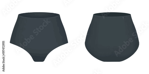 Two dark grey 3d render models of high waisted briefs and seamless modern underwear shapes.