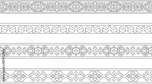 Kazakh national endless black outline ornament. Ethnic pattern. Border reflecting nomadic culture. Suitable for design and textiles.