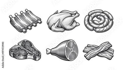 Collection of hand-drawn meat icons. Vintage engraving illustration of pork, beef, poultry for butcher shop logos or restaurant menus.