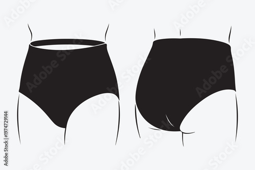 Front and back view of black high waisted women's underwear briefs showing shape and coverage.