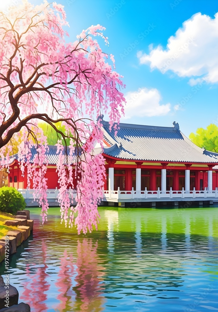 Obraz premium A serene asianstyle building with a weeping cherry blossom tree beside a tranquil pond on a sunny day with blue sky