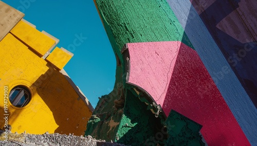 Colorful Architecture Detail with Yellow, Green, Pink, and Blue Against a Blue Sky