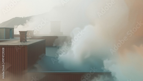 Ethereal rooftops under hazy skies, urban landscape with muted colors and smoky atmosphere.