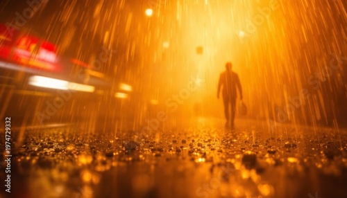 Solitary Figure Walking into the Light on a Rainy Street at Night, Golden Glow
